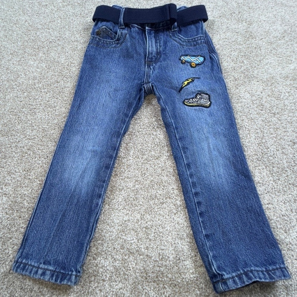 Wrangler Toddler Boy 4T Jeans Blue Denim Adjustable Waist Skateboard Bolts Patch